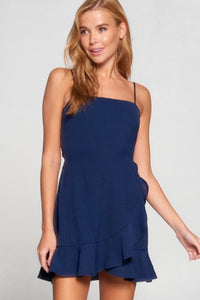 Dark Blue Woven Wrap Ruffle Dress