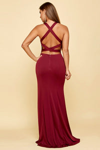 Red Sleeveless Criss Cross Cut Out Back Slit Maxi Dress