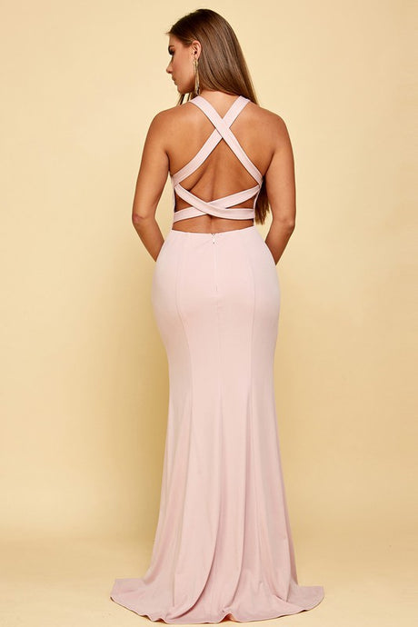 Dusty Pink Sleeveless Criss Cross Cut Out Back Slit Maxi Dress