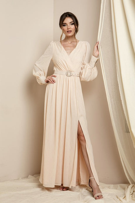 Champagne Long Sleeve Surplice Maxi Dress