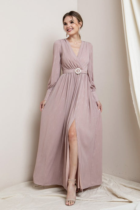 Dusty Rose Long Sleeve Surplice Maxi Dress