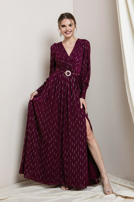 Red Long Sleeve Surplice Maxi Dress