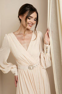 Champagne Long Sleeve Surplice Maxi Dress
