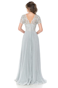 Light Silver Embroidered Sleeved Diamond Pleated Formal Dress