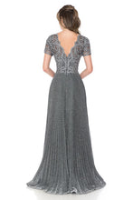 Grey Embroidered Sleeved Diamond Pleated Formal Dress