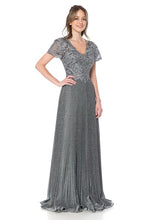 Grey Embroidered Sleeved Diamond Pleated Formal Dress