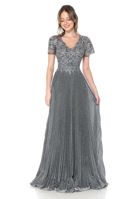 Grey Embroidered Sleeved Diamond Pleated Formal Dress