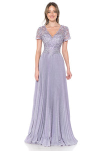 Light Purple Embroidered Sleeved Diamond Pleated Formal Dress