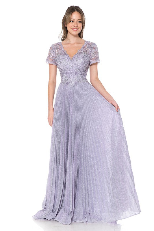 Light Purple Embroidered Sleeved Diamond Pleated Formal Dress
