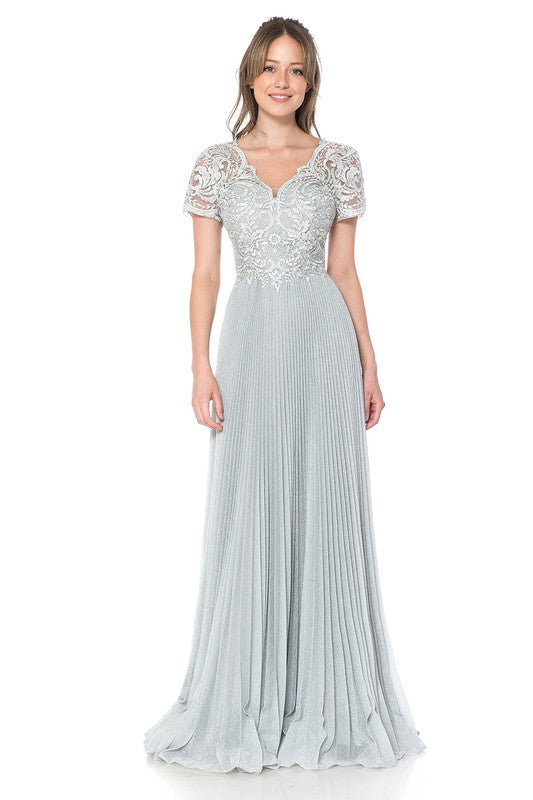 Light Silver Embroidered Sleeved Diamond Pleated Formal Dress