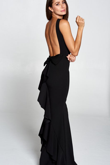 Black Ruffle Bow Maxi Dress Gown