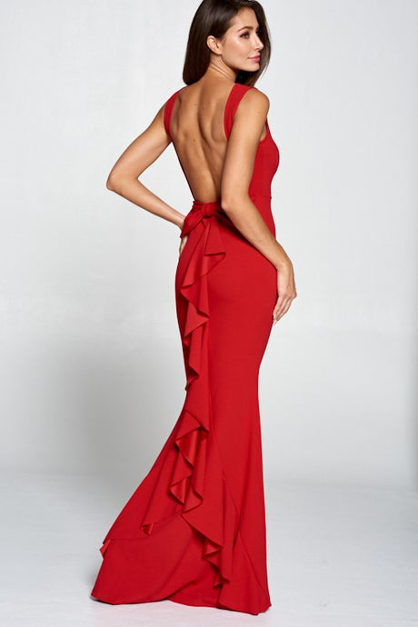 Red Ruffle Bow Maxi Dress Gown