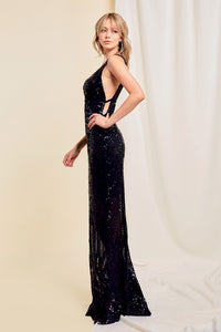 Black Long Sequin Halter Top Dress
