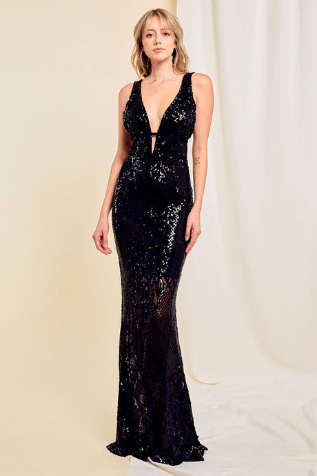 Black Long Sequin Halter Top Dress