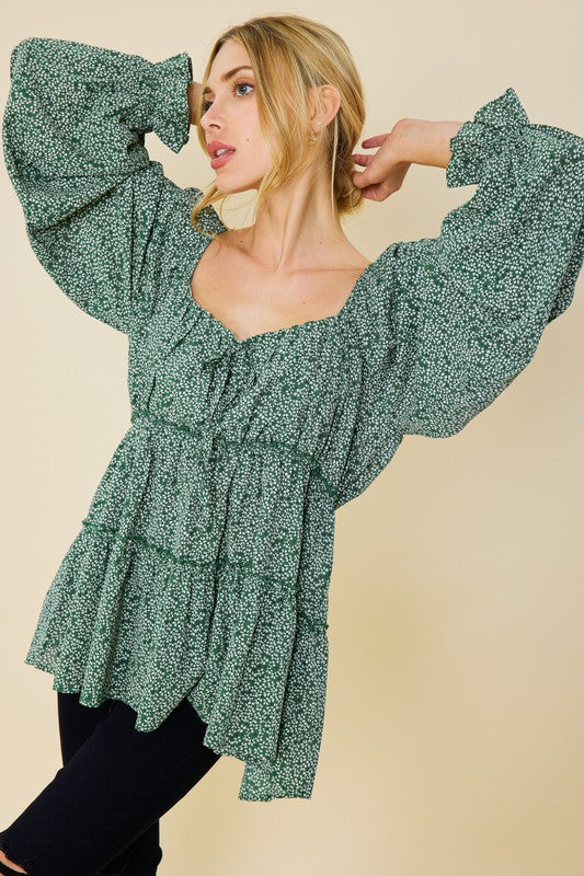 Green Printed Babydoll Blouse
