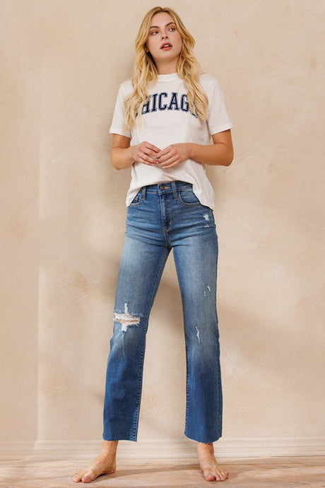 High Rise Straight Leg With Distress And Raw Hem