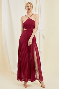 Red Halter Cut Out A-line Pleated Dress