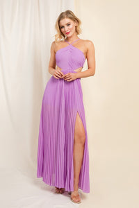 Light Purple Halter Cut Out A-line Pleated Dress