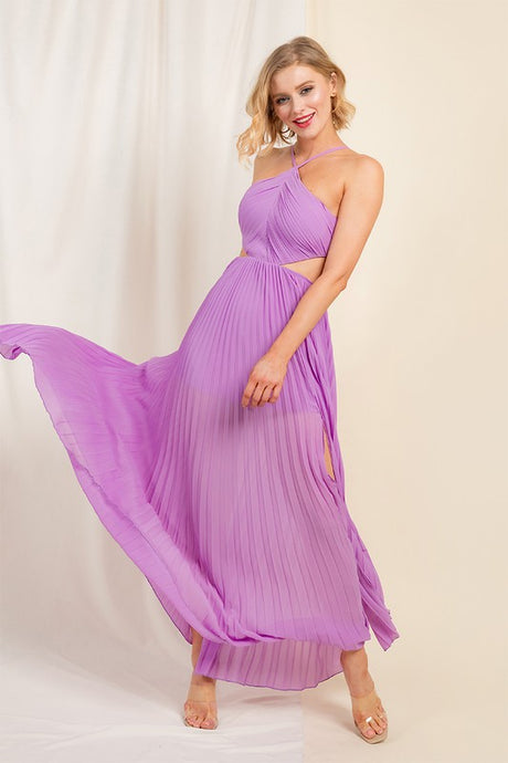 Light Purple Halter Cut Out A-line Pleated Dress