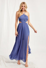 Blue Halter Cut Out A-line Pleated Dress