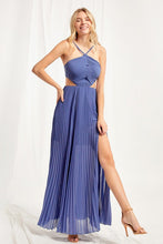 Blue Halter Cut Out A-line Pleated Dress