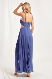 Blue Halter Cut Out A-line Pleated Dress