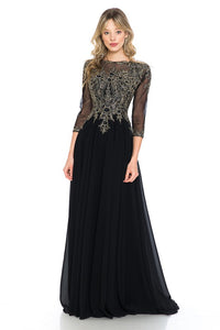 Black Sleeve Mesh Embroidered Formal Dress