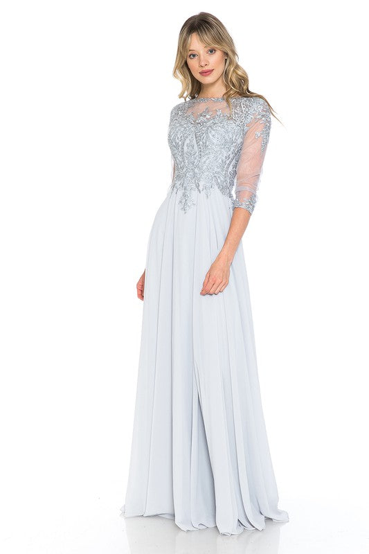 Silver Sleeve Mesh Embroidered Formal Dress