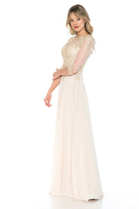 Champagne Gold Sleeve Mesh Embroidered Formal Dress