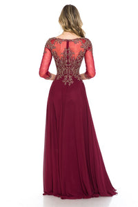 Burgundy Sleeve Mesh Embroidered Formal Dress