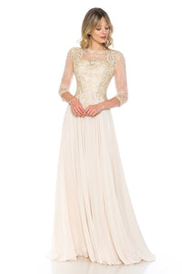 Champagne Gold Sleeve Mesh Embroidered Formal Dress