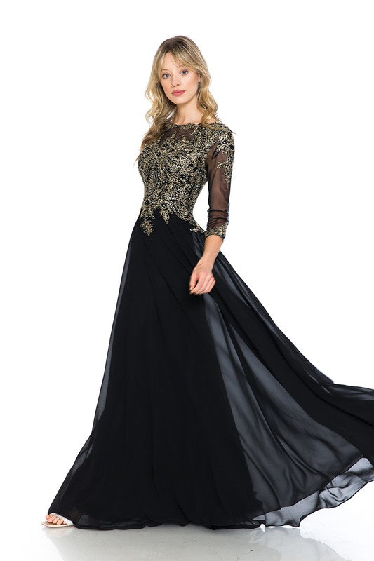 Black Sleeve Mesh Embroidered Formal Dress