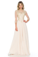 Champagne Gold Sleeve Mesh Embroidered Formal Dress