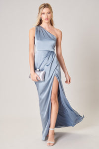 Dusty-Blue Prestige One Shoulder Asymmetrical Maxi Dress