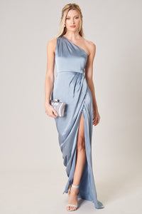 Dusty-Blue Prestige One Shoulder Asymmetrical Maxi Dress