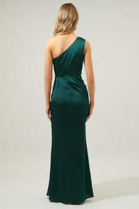 Emerald Prestige One Shoulder Asymmetrical Maxi Dress