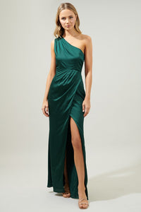 Emerald Prestige One Shoulder Asymmetrical Maxi Dress