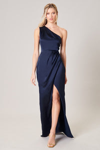 Navy Prestige One Shoulder Asymmetrical Maxi Dress