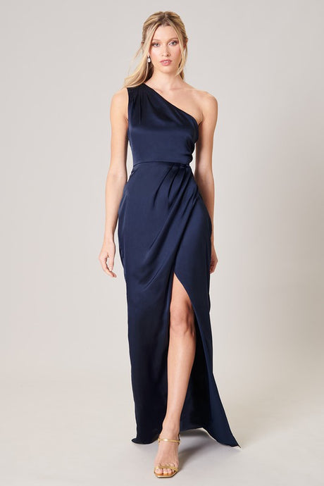 Navy Prestige One Shoulder Asymmetrical Maxi Dress