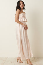 Champagne Satin Ruffle Bust With Tie Back Maxi Dress