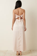 Champagne Satin Ruffle Bust With Tie Back Maxi Dress