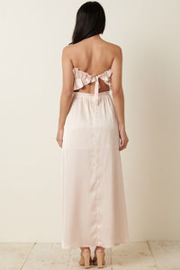 Champagne Satin Ruffle Bust With Tie Back Maxi Dress