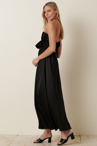 Black Satin Ruffle Bust With Tie Back Maxi Dress
