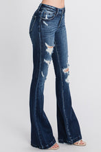 Dark Denim Distressed Mid Rise Stretch Flare With Trouser Hem