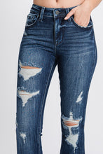 Dark Denim Distressed Mid Rise Stretch Flare With Trouser Hem