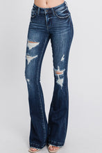 Dark Denim Distressed Mid Rise Stretch Flare With Trouser Hem