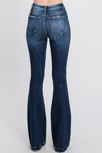 Dark Denim Distressed Mid Rise Stretch Flare With Trouser Hem