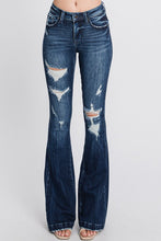 Dark Denim Distressed Mid Rise Stretch Flare With Trouser Hem