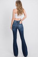 Dark Denim Distressed Mid Rise Stretch Flare With Trouser Hem