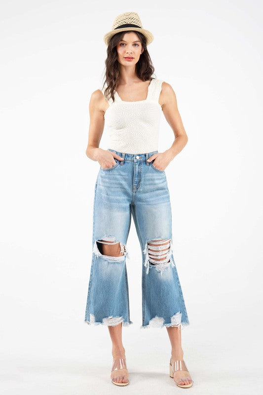 Medium Blue High Rise Crop Straight Women Jeans
